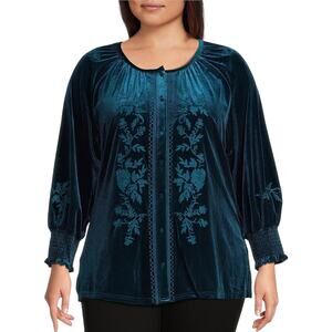 Calessa Embroidered Stretch Velvet Crew Neck Long Sleeve Tunic in petrol 1X